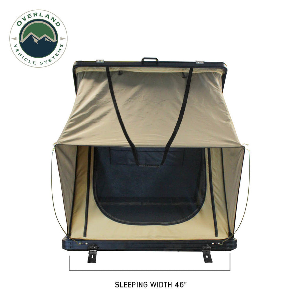 LD TMON Clamshel Aluminum Hard Shell Roof Top Tent - 2 Person Capacity, Tan Body & Green Rainfly