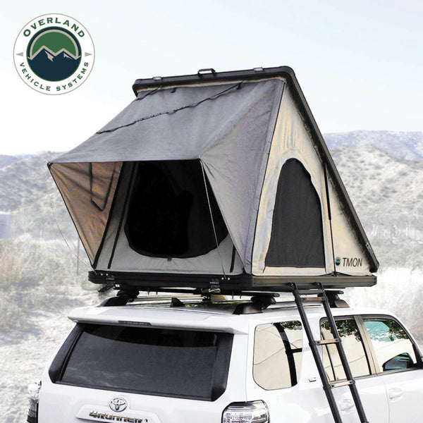 LD TMON Clamshel Aluminum Hard Shell Roof Top Tent - 2 Person Capacity, Tan Body & Green Rainfly