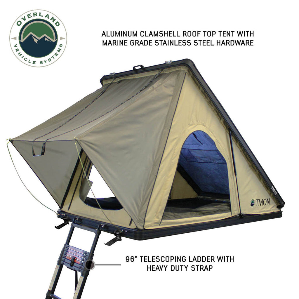 LD TMON Clamshel Aluminum Hard Shell Roof Top Tent - 2 Person Capacity, Tan Body & Green Rainfly