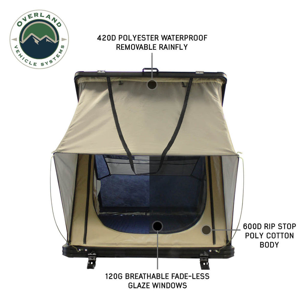 LD TMON Clamshel Aluminum Hard Shell Roof Top Tent - 2 Person Capacity, Tan Body & Green Rainfly