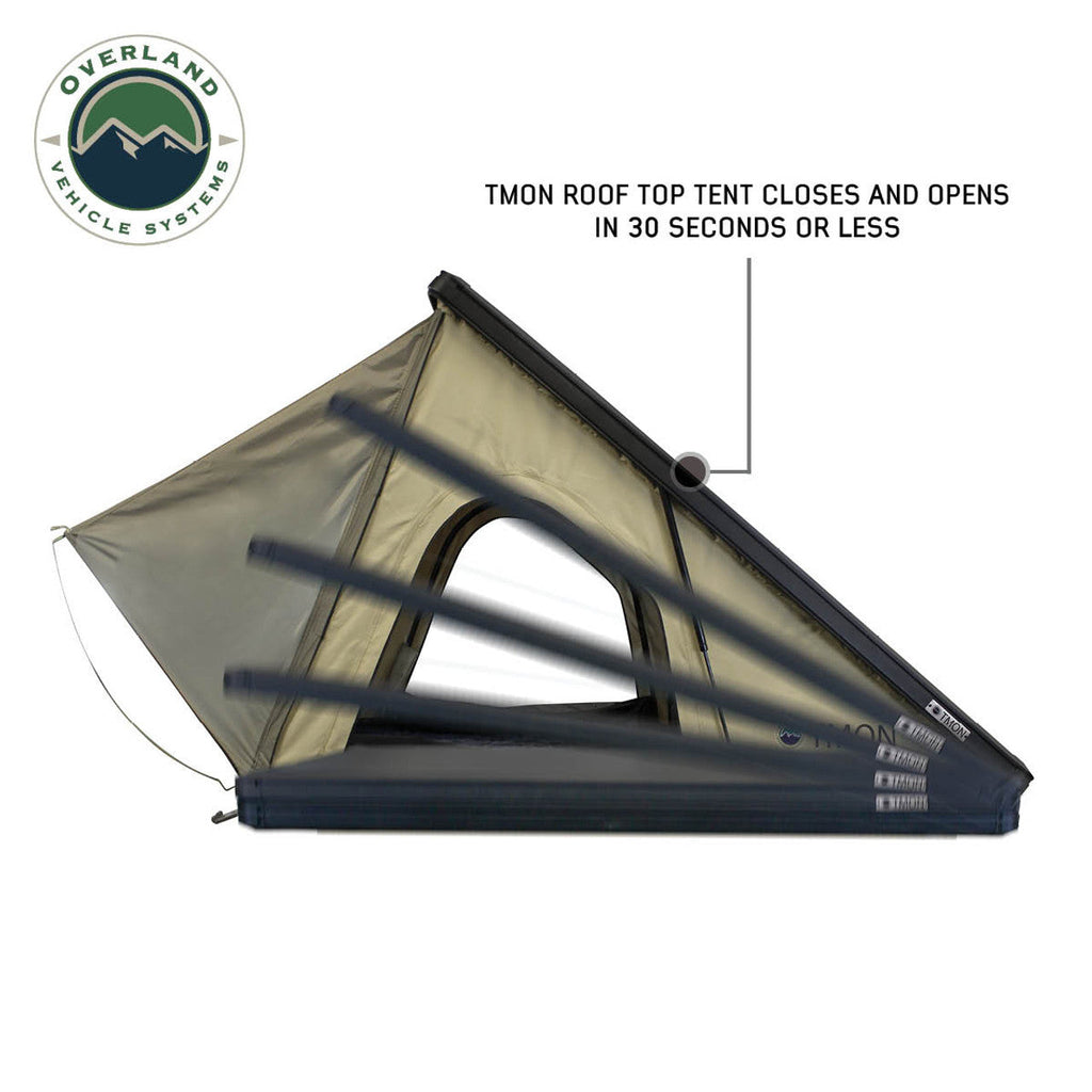 LD TMON Clamshel Aluminum Hard Shell Roof Top Tent - 2 Person Capacity, Tan Body & Green Rainfly