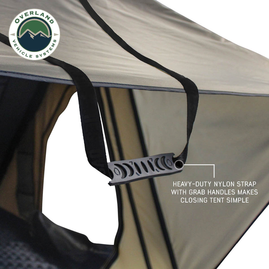 LD TMON Clamshel Aluminum Hard Shell Roof Top Tent - 2 Person Capacity, Tan Body & Green Rainfly