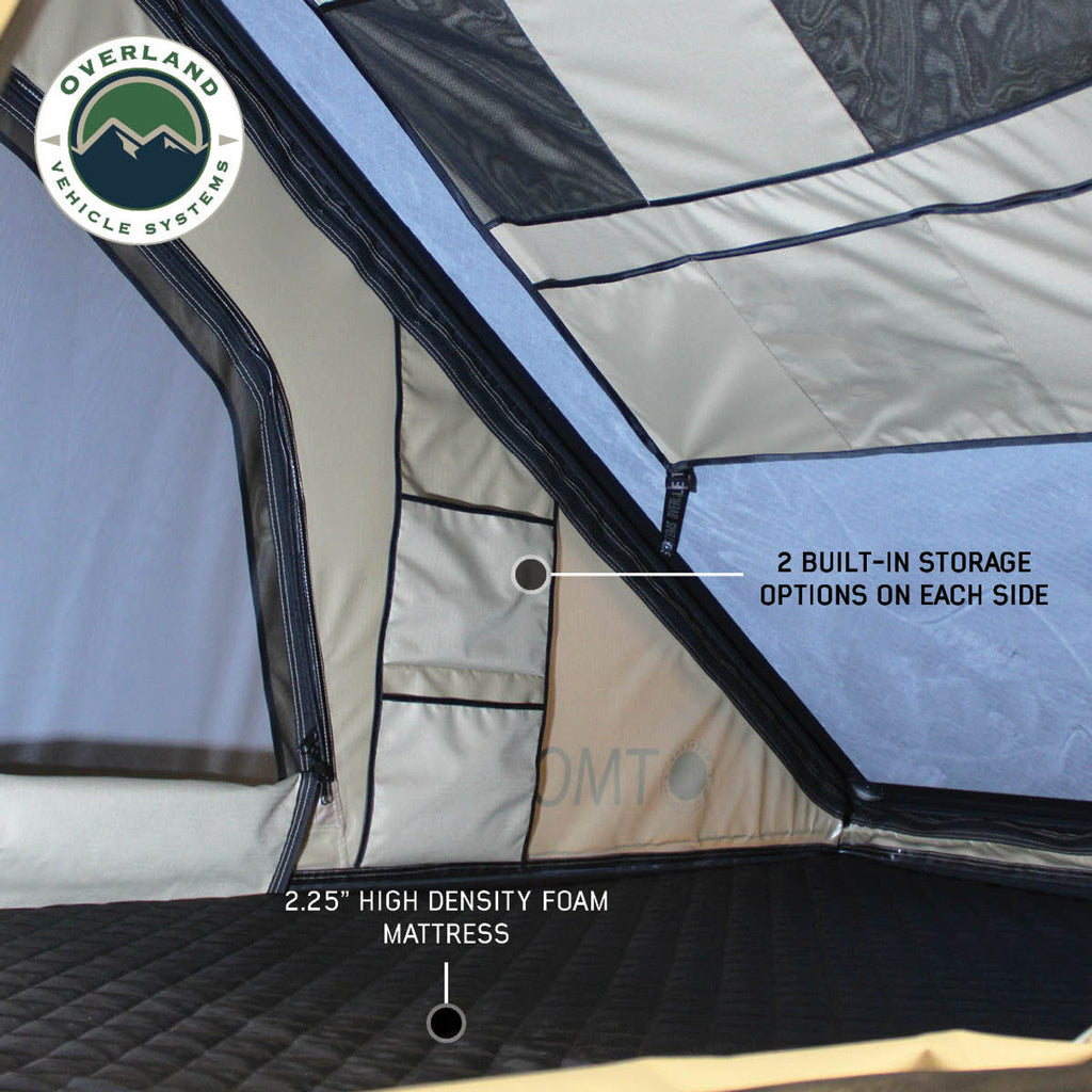 LD TMON Clamshel Aluminum Hard Shell Roof Top Tent - 2 Person Capacity, Tan Body & Green Rainfly