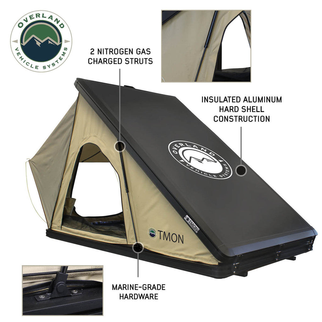 LD TMON Clamshel Aluminum Hard Shell Roof Top Tent - 2 Person Capacity, Tan Body & Green Rainfly