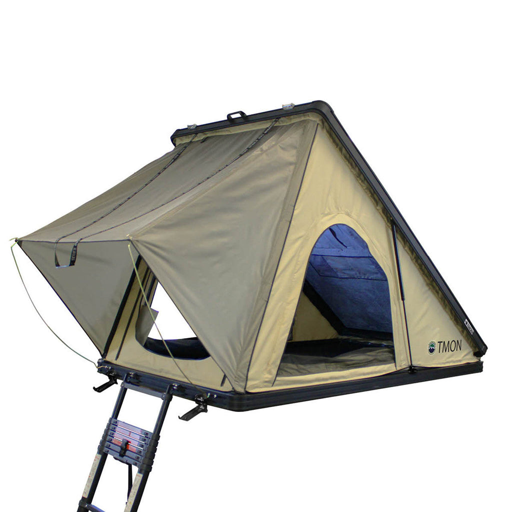 LD TMON Clamshel Aluminum Hard Shell Roof Top Tent - 2 Person Capacity, Tan Body & Green Rainfly