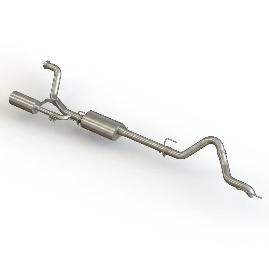 Tacoma cat-back exhaust showing muffler, resonator and turn-down outlet