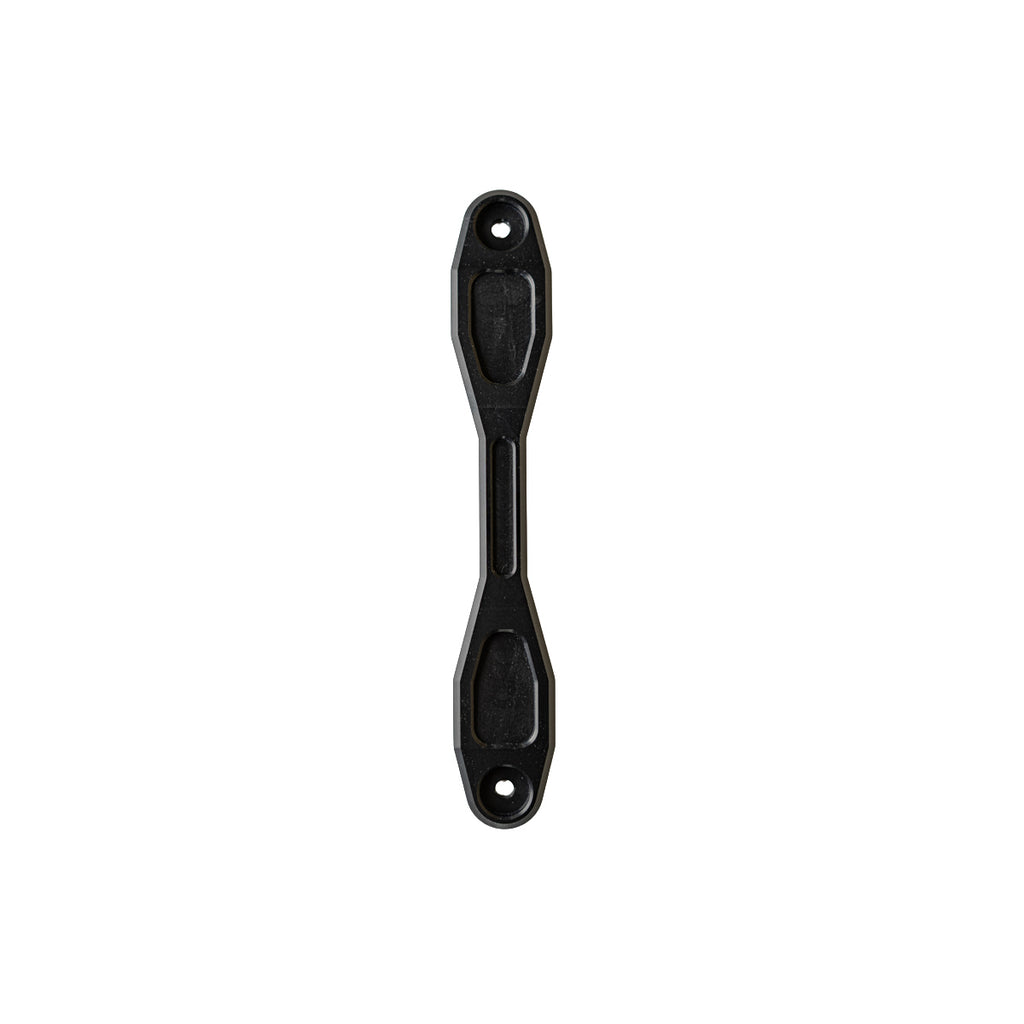 A black metal battery mounting bracket with two screw holes, shown vertically against a plain white background.