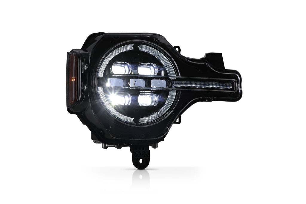 Attica Apex Series Bronco headlight with white DRL and low beam lit