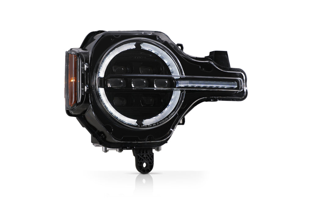 Attica Apex Series Bronco headlight with white DRL ring lit