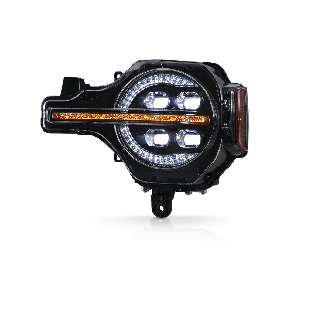 Attica Sol Series Bronco headlight with amber turn signal and LED projectors lit
