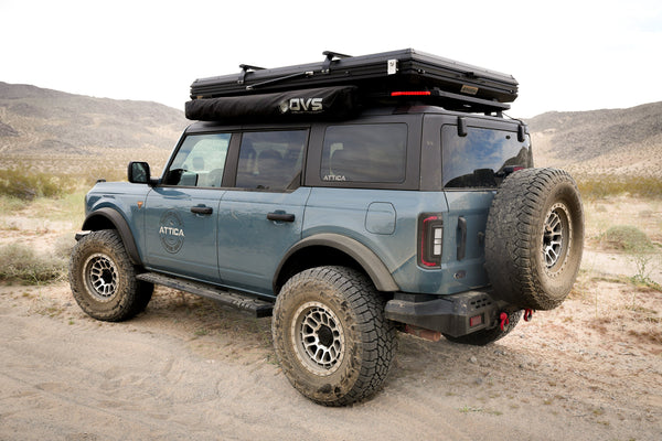 Rear three-quarter view of a Ford Bronco with Attica Sol Series tail lights