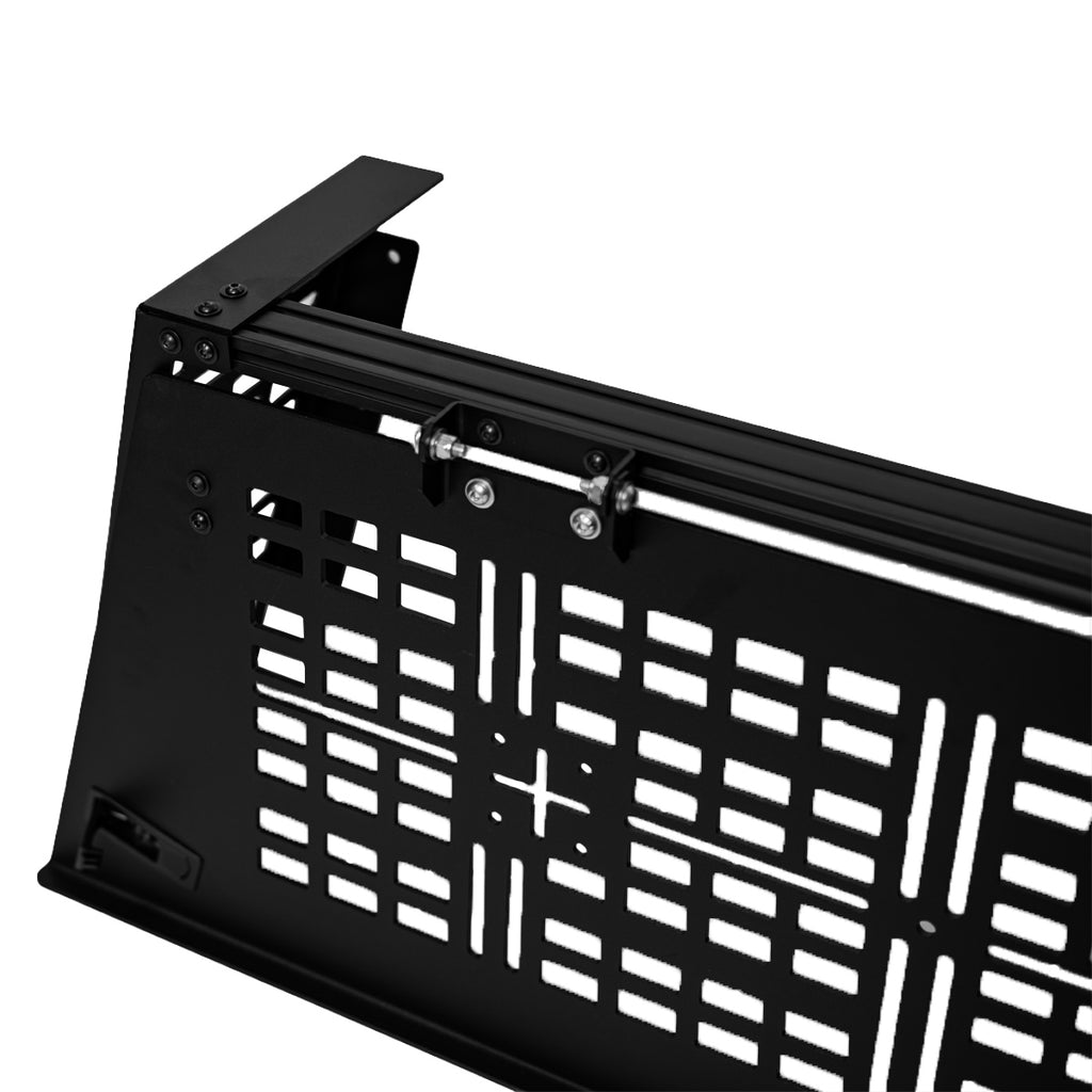 Tacoma bed rack rear hatch close-up showing the T-slot rail and hinges, on white