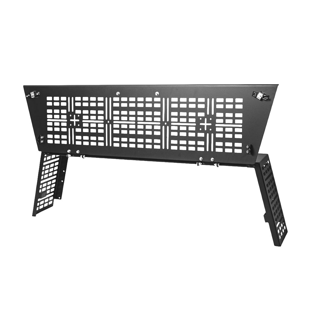 Rear hatch for Toyota Tacoma overland bed rack with steel side mounts spread out, on white