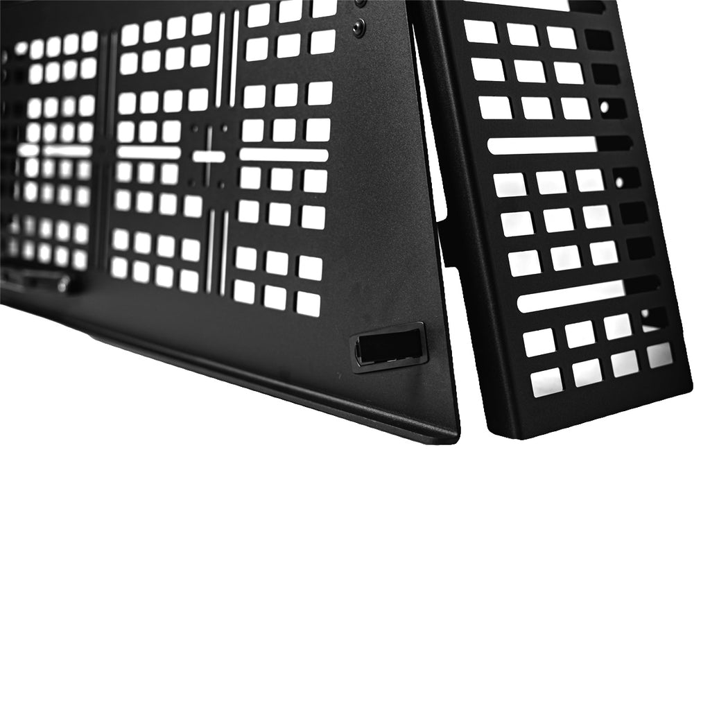 Rear hatch MOLLE door and steel side mount detail for the Toyota Tacoma overland bed rack