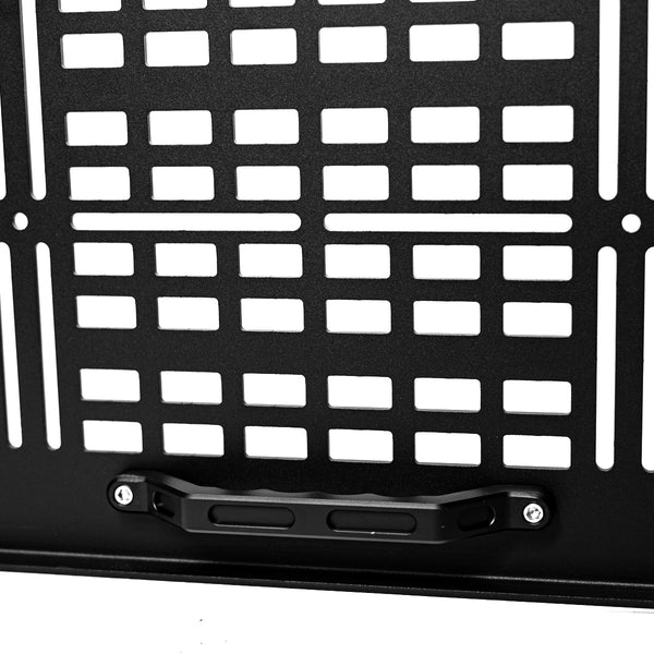 Close-up of the rear hatch MOLLE door and handle for the Toyota Tacoma overland bed rack