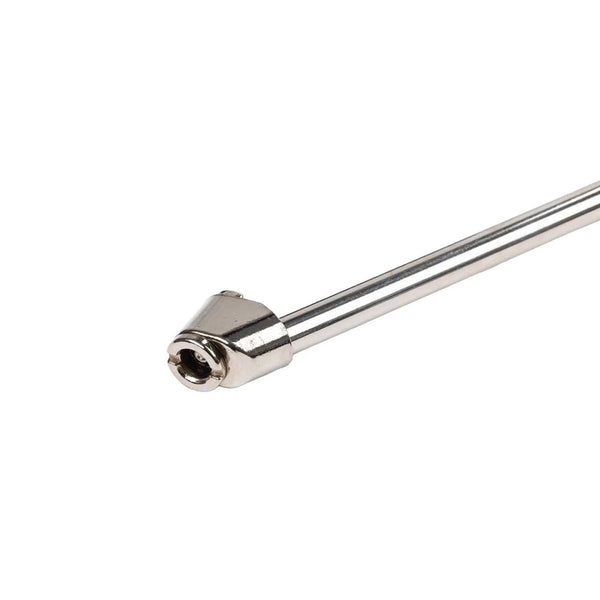 A close-up of a polished silver metal rod end with a hexagonal socket, shown diagonally on a plain white background.