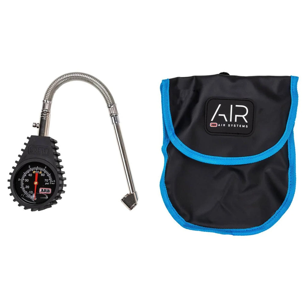 A tire pressure gauge with a flexible metal hose and a black carrying pouch with blue trim. The pouch features a black flap with a white and red 'AIR Air Systems' logo patch.