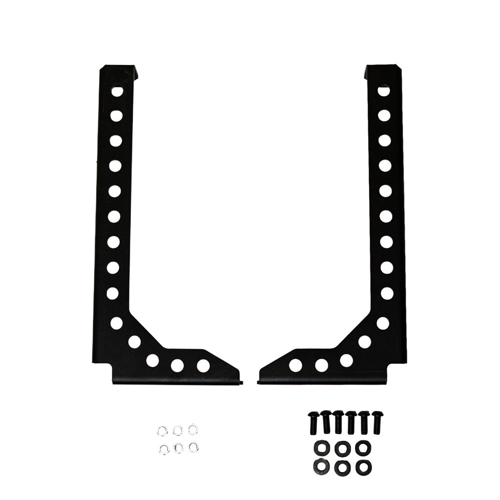 Front view of Cali Raised LED 2022+ Toyota Tundra bed support pair with bolts, washers, and nuts on white.