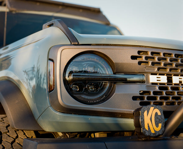 Attica Sol Series headlight on a Ford Bronco, front corner view
