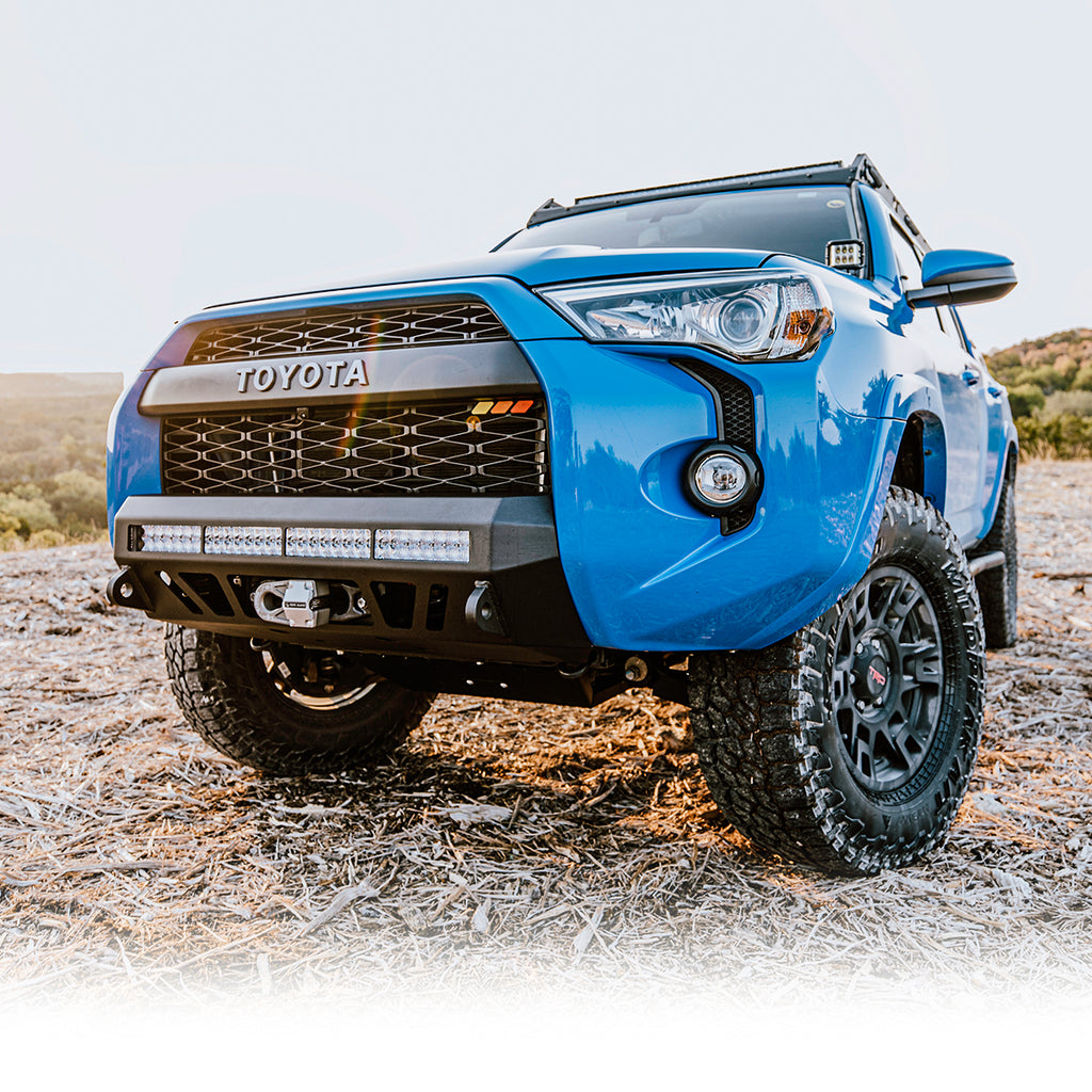 Stealth Bumper Fits 2014+ 4Runner - NO LED Bar // BUMPER LIGHT BAR - BLUE - SMALL // WARN VR EVO 10-S // 3/4in D-Ring Shackle with Isolator - PAIR